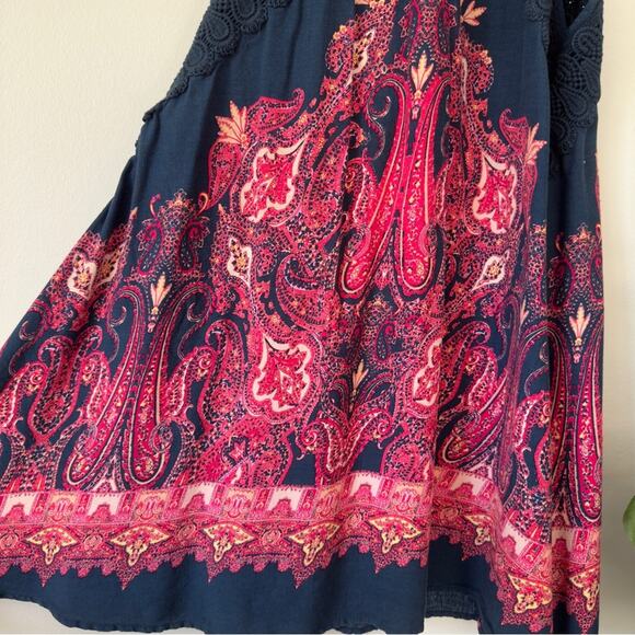 Free People Intimately Boho Paisley Pattern Spaghetti Strap Dress Button Up Lace - Picture 4 of 9